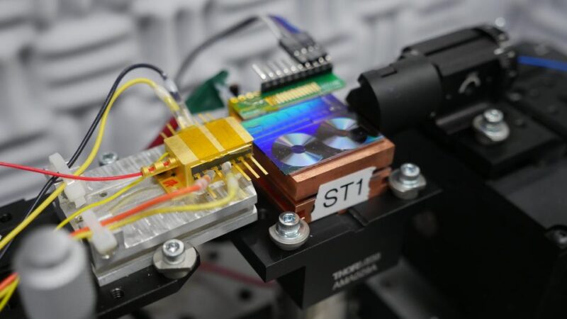 A chip for converting light into microwave signals.